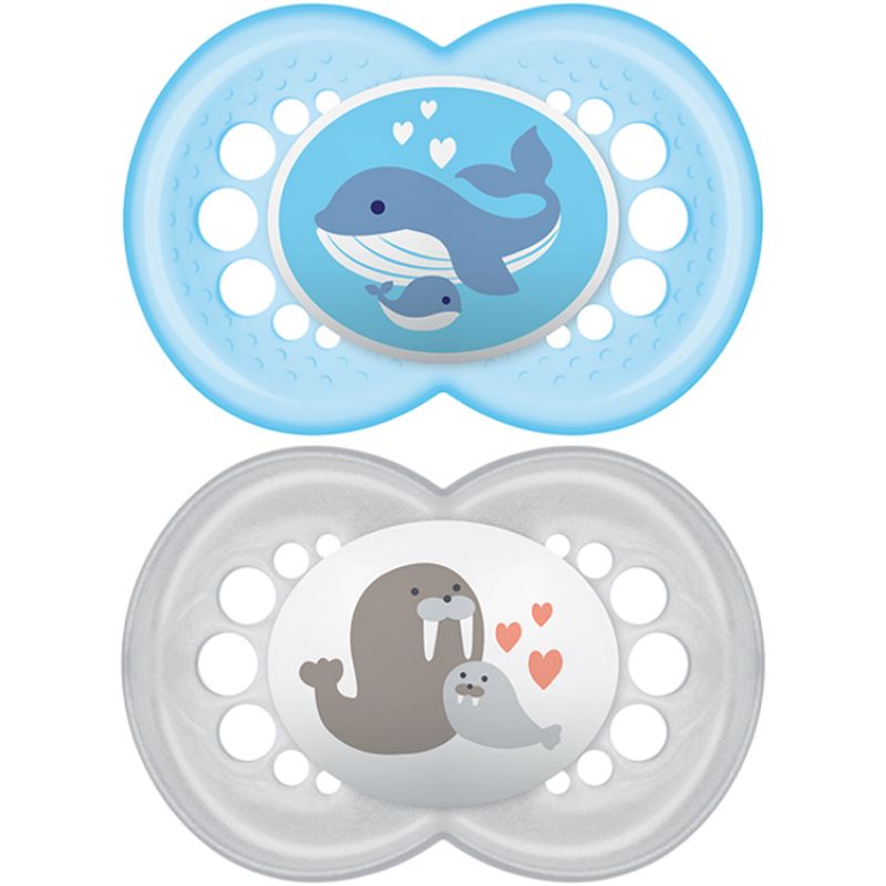 Lot de 2 sucettes anatomiques Original baleine et morse en silicone (6 mois et +) MAM