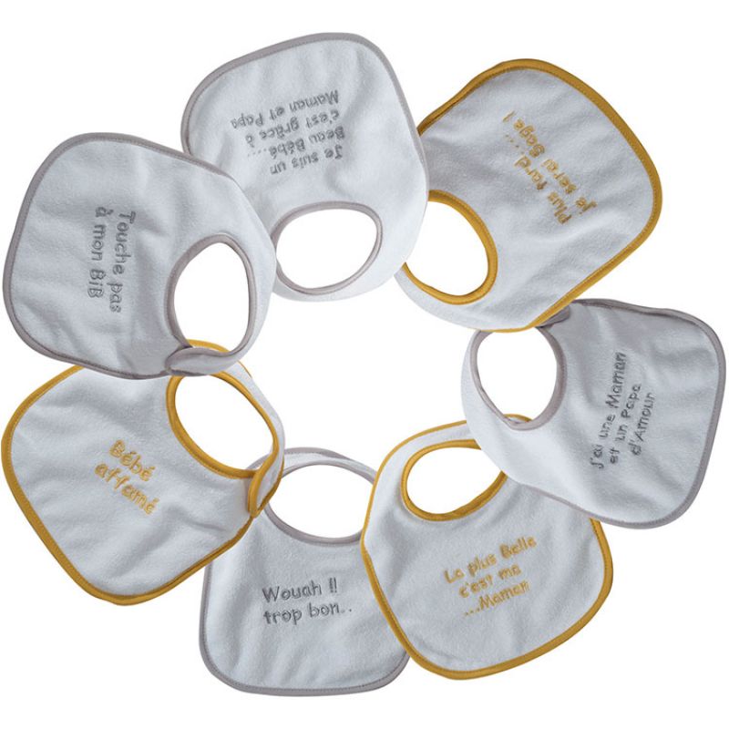 Lot de 7 bavoirs de naissance à velcro Maman et papa d'amour Trois Kilos Sept