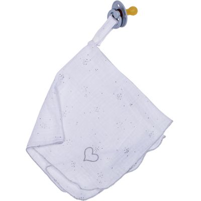 Doudou attache sucette en mousseline blanc et argenté BB & Co