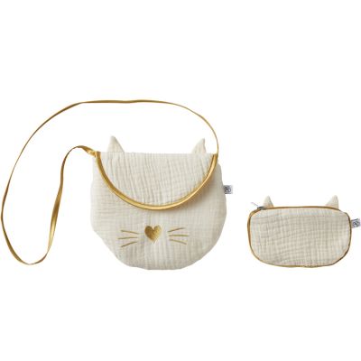 Sac bandoulière + porte monnaie chat ivoire