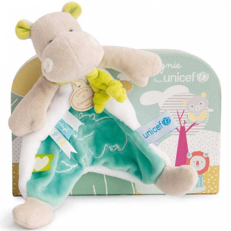Doudou plat hippopotame Unicef avec valisette (23 cm) Doudou et Compagnie