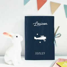 Protège carnet de santé en lin Bleu pétrole (personnalisable)