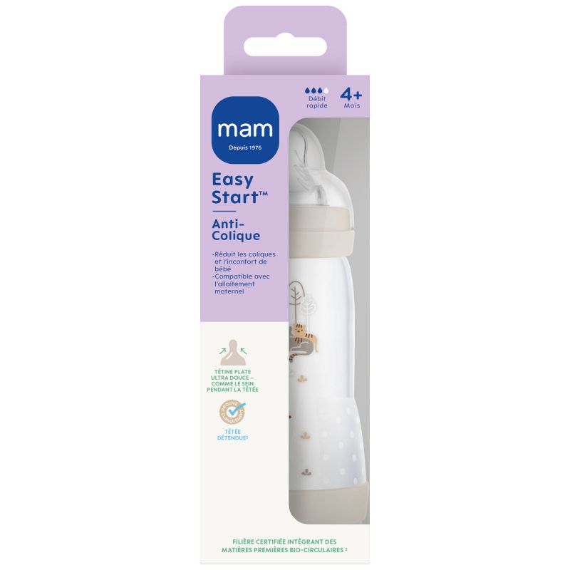 Biberon Easy Start anti-colique Sable - Tétine débit 3 (320ml) MAM Packaging 2
