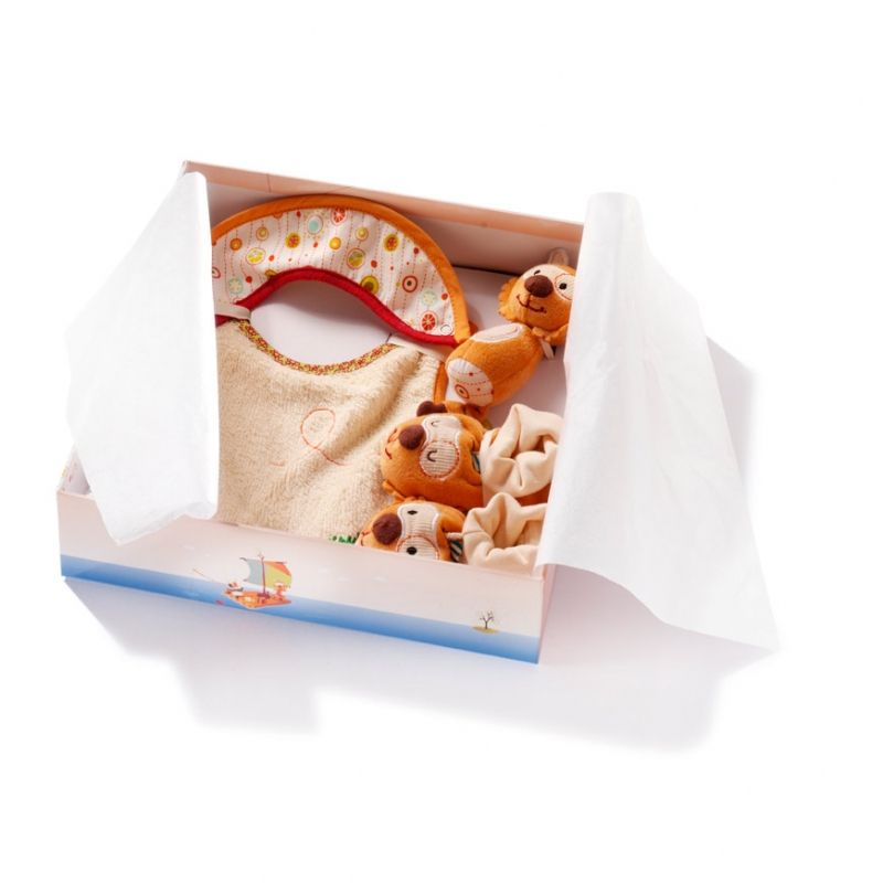 Coffret de naissance Ecodoux (bavoir, chaussons et hochet) Lilliputiens