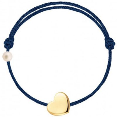 Bracelet cordon Coeur et perle bleu marine (or jaune 750°)  par Claverin