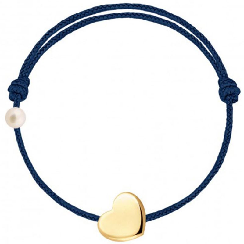 Bracelet cordon Coeur et perle bleu marine (or jaune 750°) Claverin