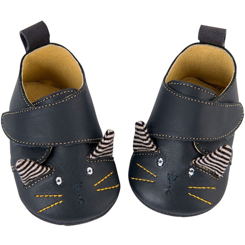Chaussons en cuir noir Les Moustaches (0-6 mois) Moulin Roty