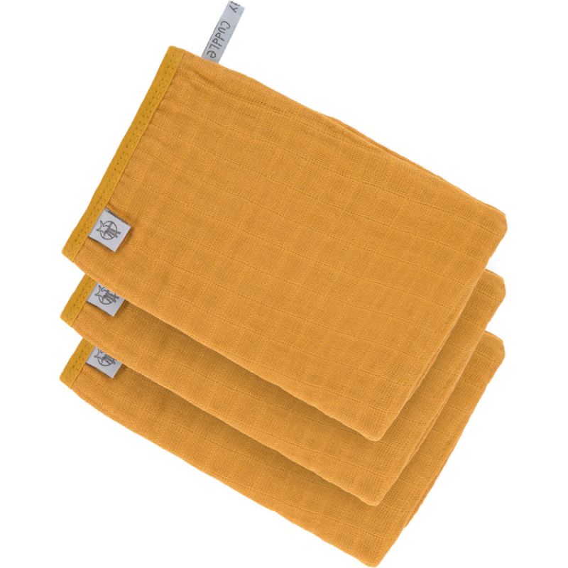 Lot de 3 gants de toilette en mousseline de coton moutarde Lässig