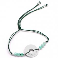 Bracelet cordon Rainbow Mini jeton vert forêt personnalisable (argent 925°)