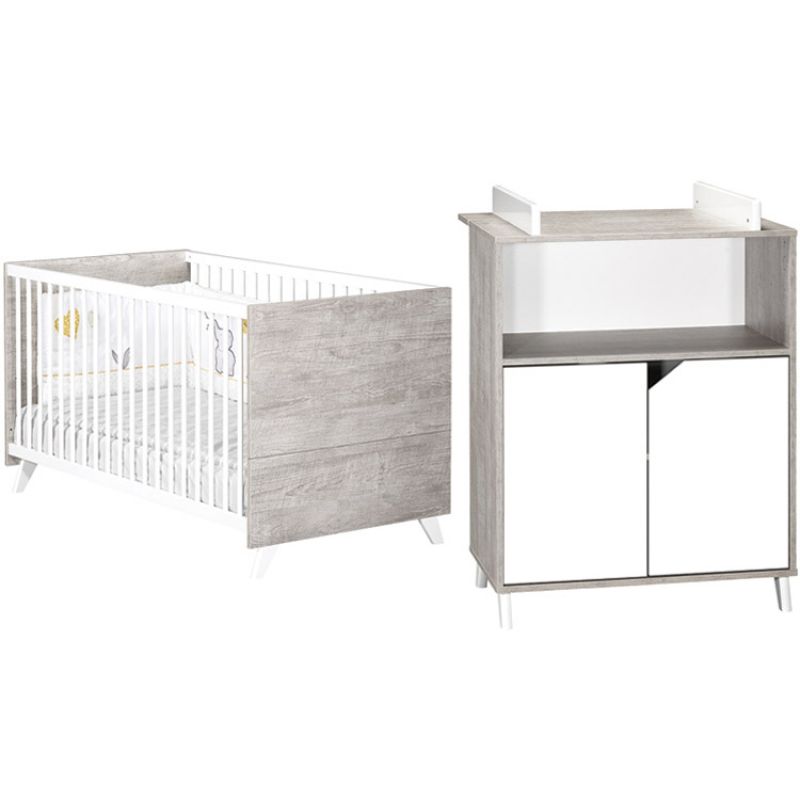 Pack duo Scandi gris lit bébé évolutif et commode à langer Baby Price