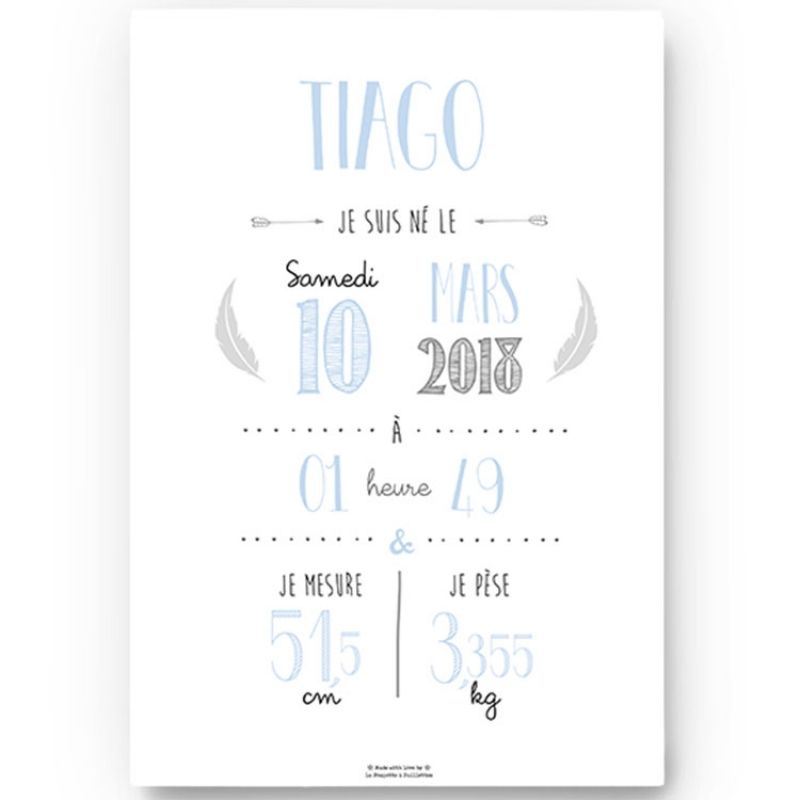 Affiche de naissance A3 bleu ciel (personnalisable) La Poupette à paillettes