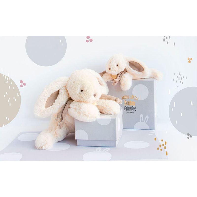 Image d'ambiance de présentation du produit Coffret peluche lapin bonbon taupe (30 cm) - Doudou et Compagnie