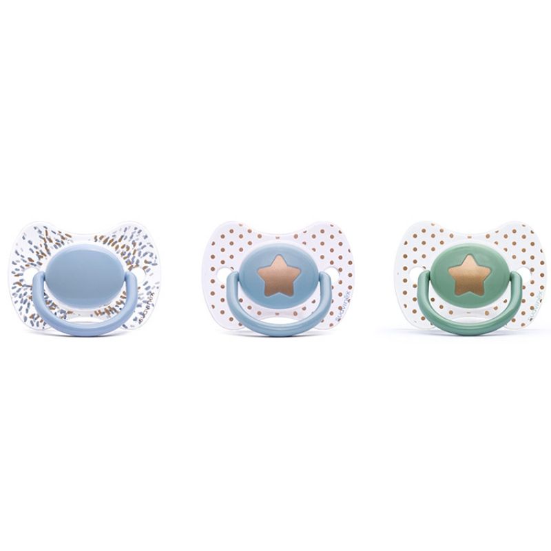 Lot de 3 sucettes anatomiques Couture en silicone garçon (0-4 mois) Suavinex