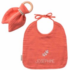 Set de naissance Bavoir et anneau de dentition Rose (personnalisable) - Les Griottes
