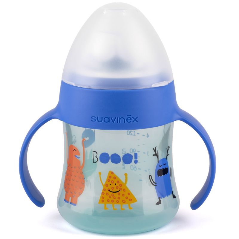 Biberon à anses et bec en silicone anti-fuites Booo bleu (150 ml) Suavinex