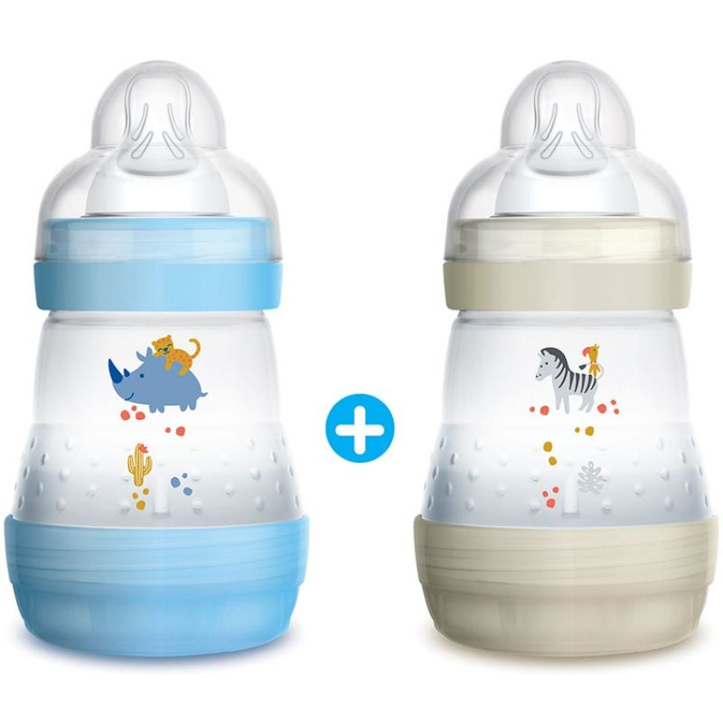 Lot de 2 biberons anti-colique bleu et écru - débit 1 lent (160 ml) MAM