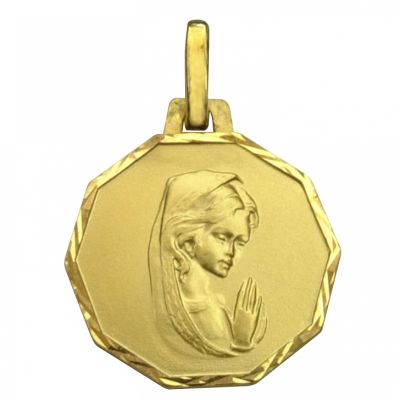 Médaille ronde Vierge priante 14 mm bord diamanté (or jaune 750°) Premiers Bijoux