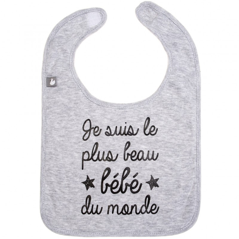 Bavoir à velcro coton Je suis le plus beau bébé du monde gris BB & Co