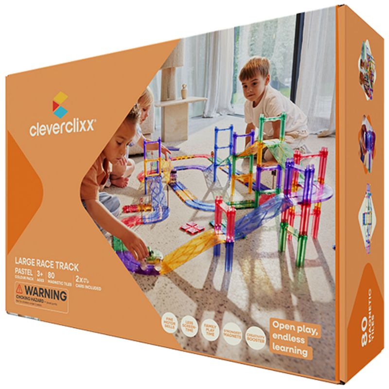 Grand kit de construction magnétique Circuit de voitures Pastel (80 pièces) Cleverclixx Packaging 1