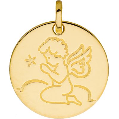 Médaille ronde Ange en prière (or jaune 375°) Berceau magique bijoux