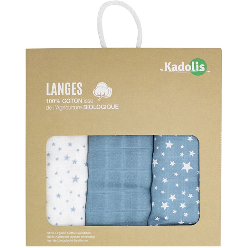 Lot de 3 langes en coton bio Étoile bleu (60 x 60 cm) Kadolis