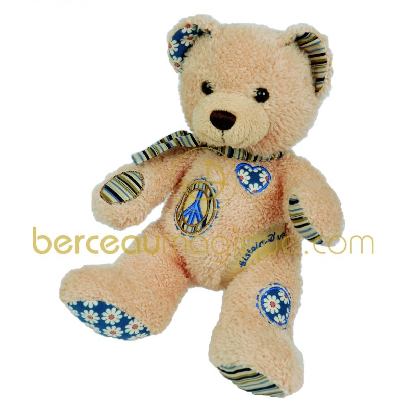 Doudou Ours Peace & Love beige et marine (24 cm) Histoire d'Ours