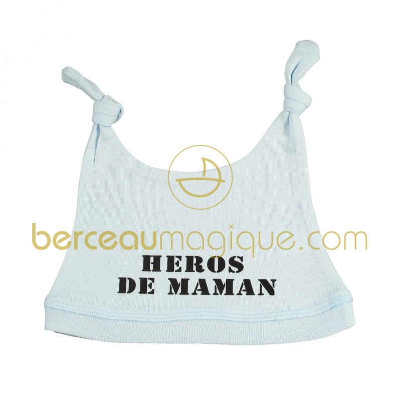 Bonnet bleu 2 oreilles Je suis le héros de maman 
