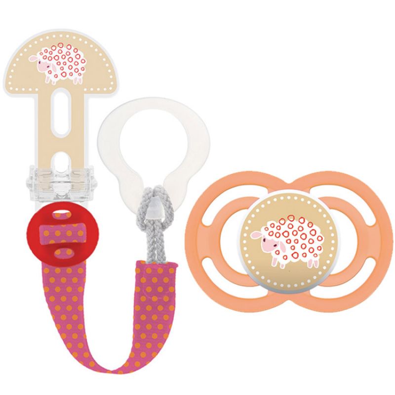 Lot sucette physiologique et attache sucette Perfect mouton orange (6-18 mois) MAM