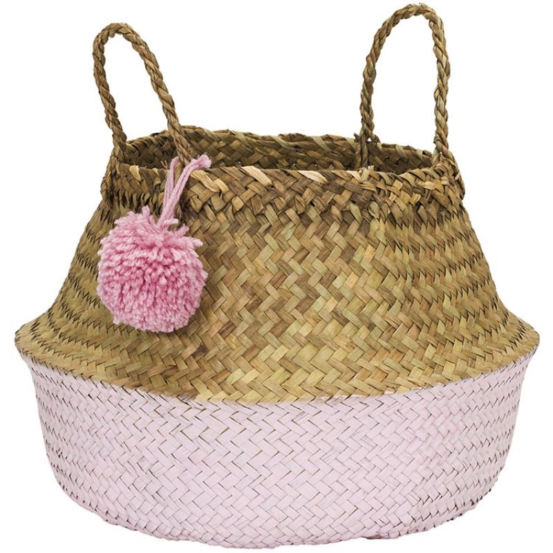 Panier de rangement pompon nature et rose (diamètre 35 cm) Kids Depot