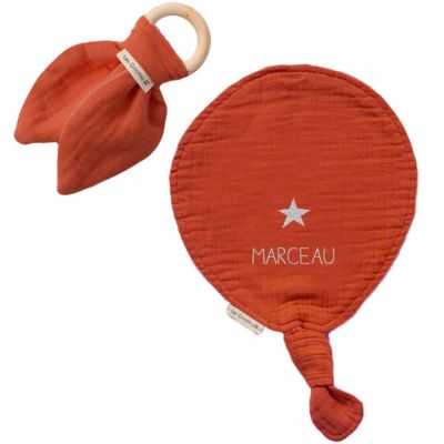 Set de naissance doudou et anneau de dentition terracotta (personnalisable)