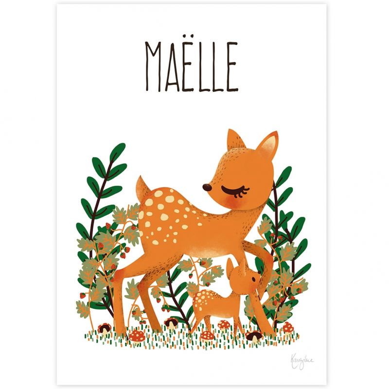 Affiche A3 Maman biche et son petit (personnalisable) Kanzilue