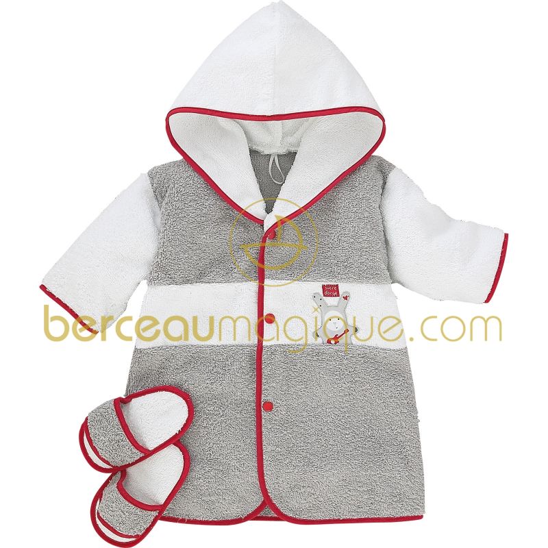 Peignoir bébé personnalisable et mules assorties Pretty gris Sucre d'orge