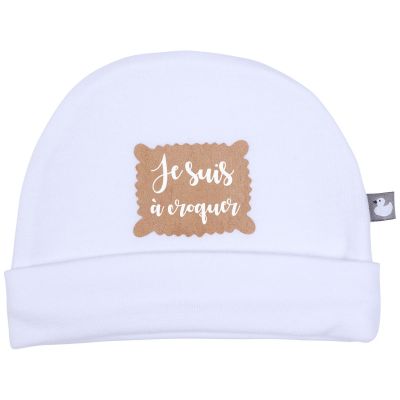 Bonnet doublé pur coton Je suis à croquer blanc