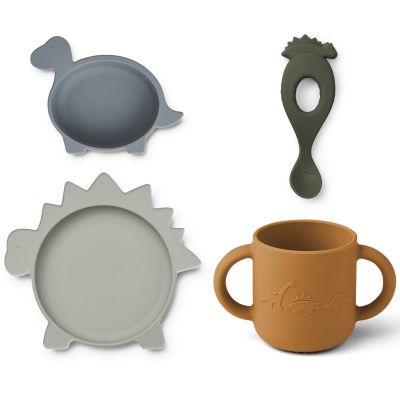 Coffret repas en silicone Vivi Dino bleu, vert et moutarde (4 pièces) - Reconditionné Liewood