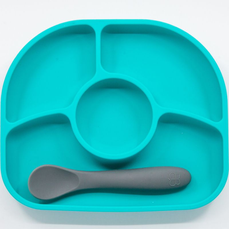 Assiette à compartiments avec ventouse et cuillère Yümi aqua BBLUV