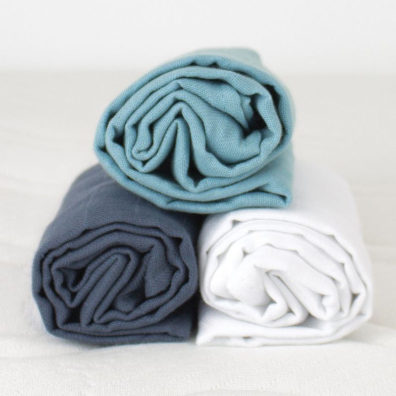 Lot de 3 langes en coton bio bleu ardoise (60 x 60 cm) Kadolis