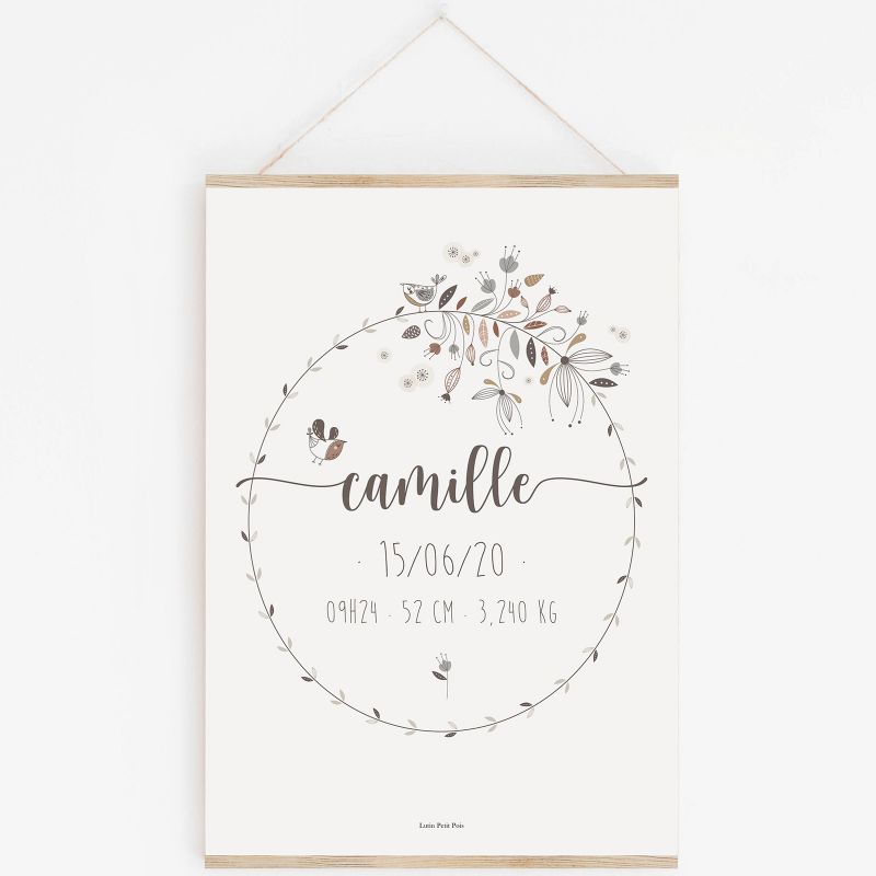 Affiche de naissance A2 couronne de fleurs avec support (personnalisable) Lutin Petit Pois