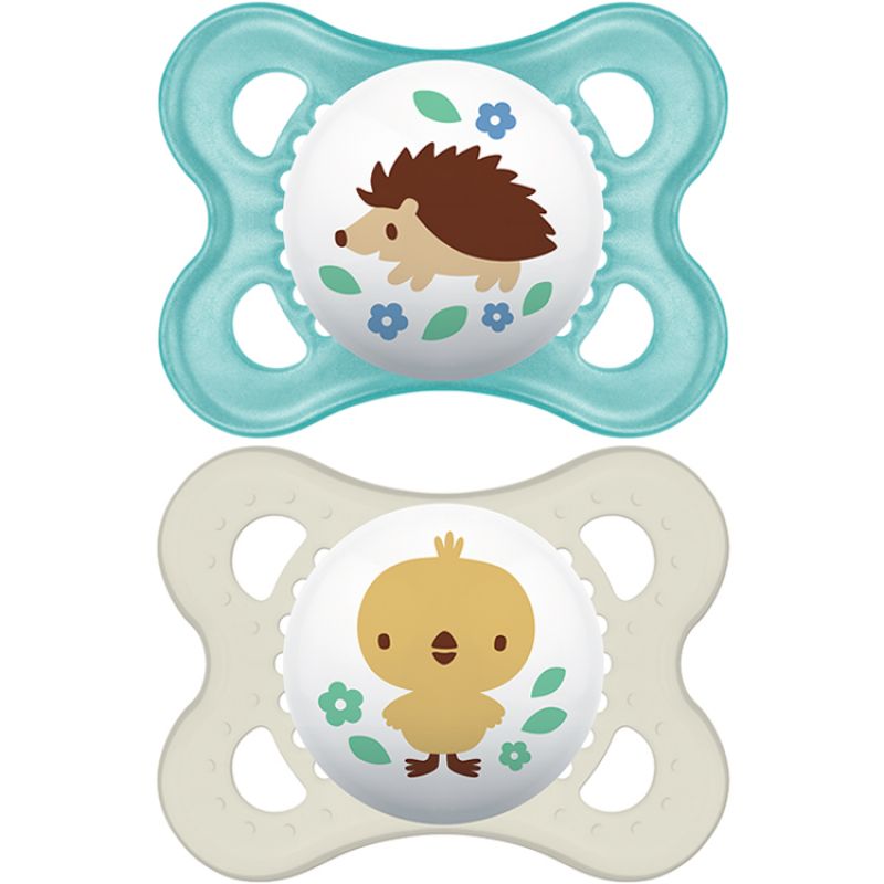 Lot de 2 sucettes anatomiques Décor hérisson et poussin en silicone (0-6 mois) MAM