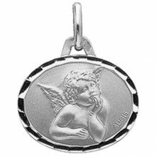 Médaille ovale ange de Raphaël 16 mm facettée (or blanc 750°)  par Maison Augis