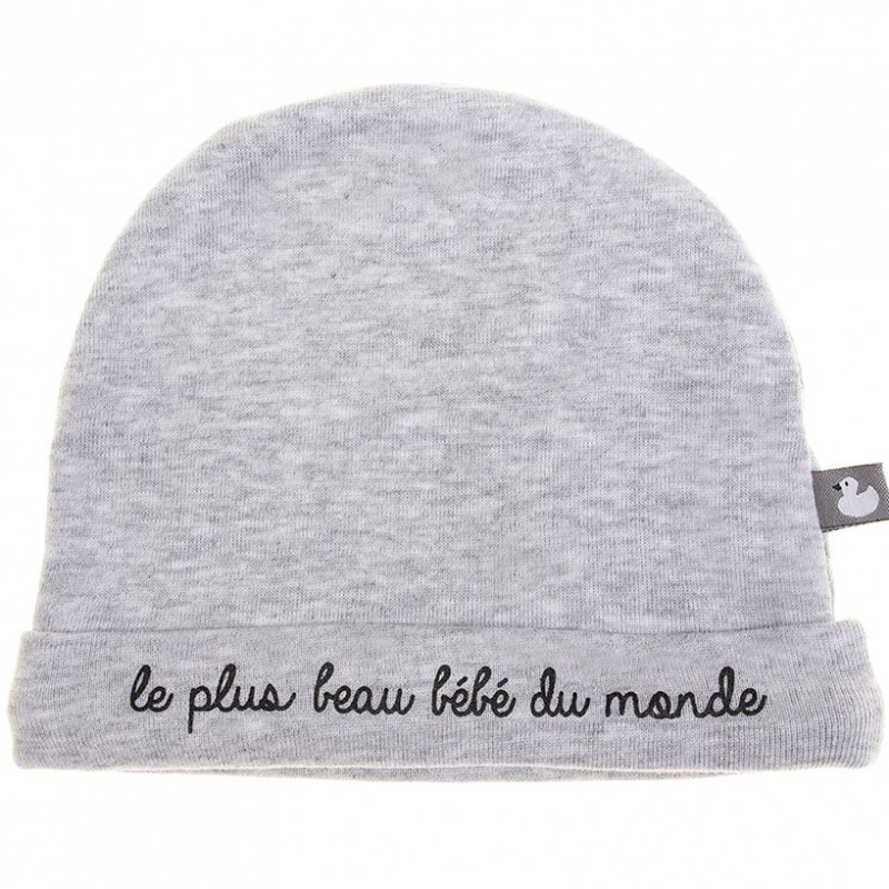 Bonnet de naissance coton doublé Le plus beau bébé gris BB & Co