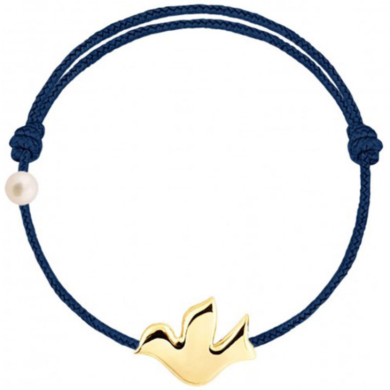 Bracelet cordon Colombe et perle bleu marine (or jaune 750°) Claverin