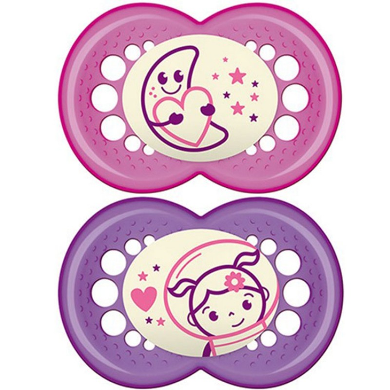Lot de 2 sucettes anatomiques Nuit fille en silicone (18 mois et +) MAM