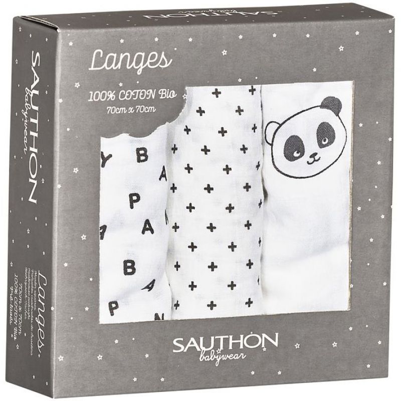 Lot de 3 langes en coton bio panda Chao Chao (70 x 70 cm) Sauthon