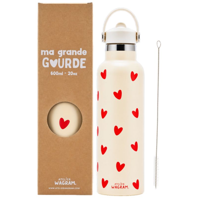Gourde isotherme Crème-Cœurs rouges (600 ml) Atelier Wagram Produit 1