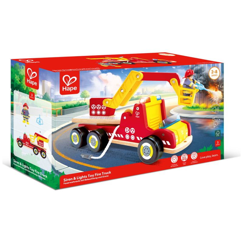 Camion de pompiers son et lumière en bois Hape Packaging 9