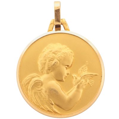 Premiers Bijoux - Médaille ronde Ange à la colombe 16 mm (or jaune 750°)