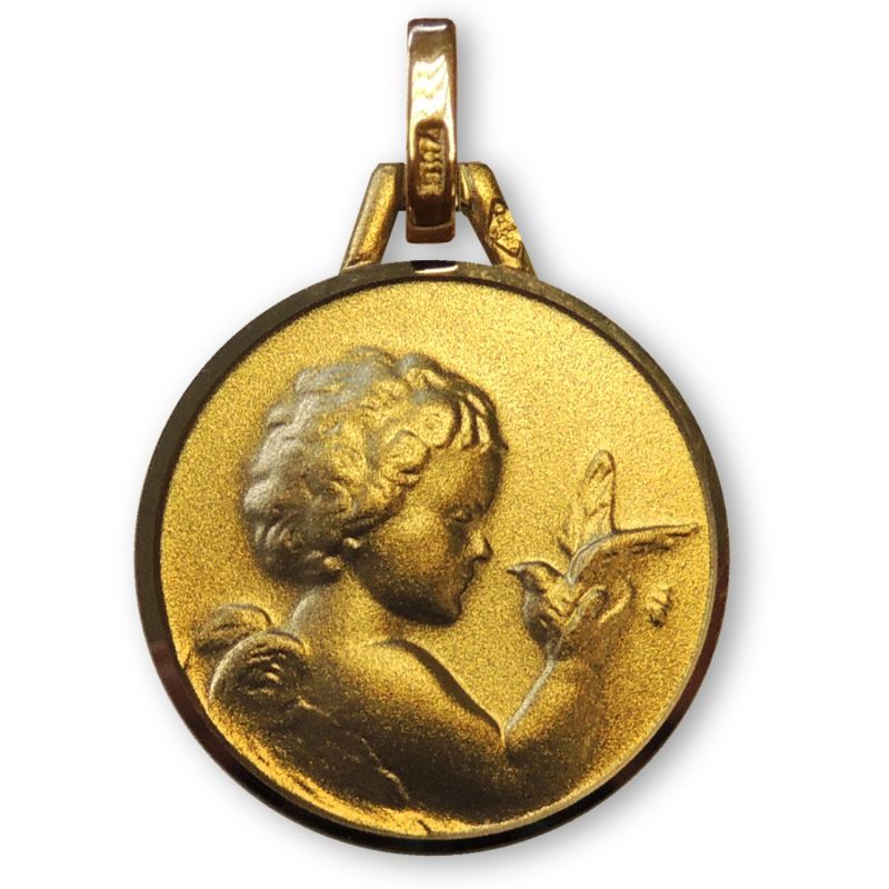 Médaille ronde Ange à la colombe 16 mm (or jaune 750°) Premiers Bijoux