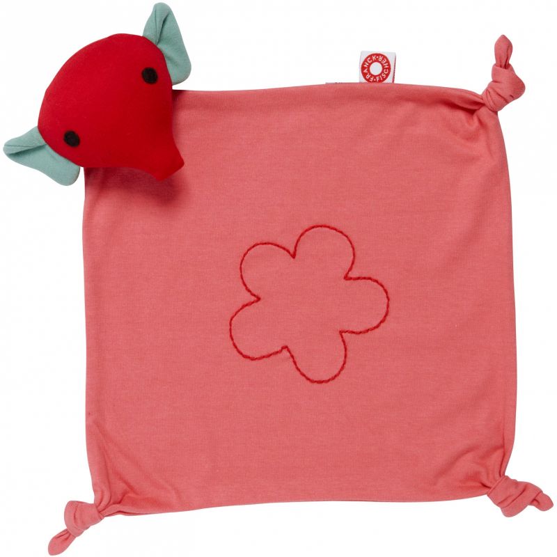 Doudou carré attache sucette Mimmi l'éléphant rose en coton bio Franck & Fischer