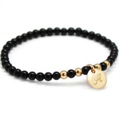 Bracelet femme en perles mini charm noir plaqué or (personnalisable)