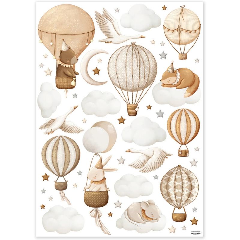 Planche de stickers muraux Montgolfières et animaux (A3) Lilipinso Produit 1